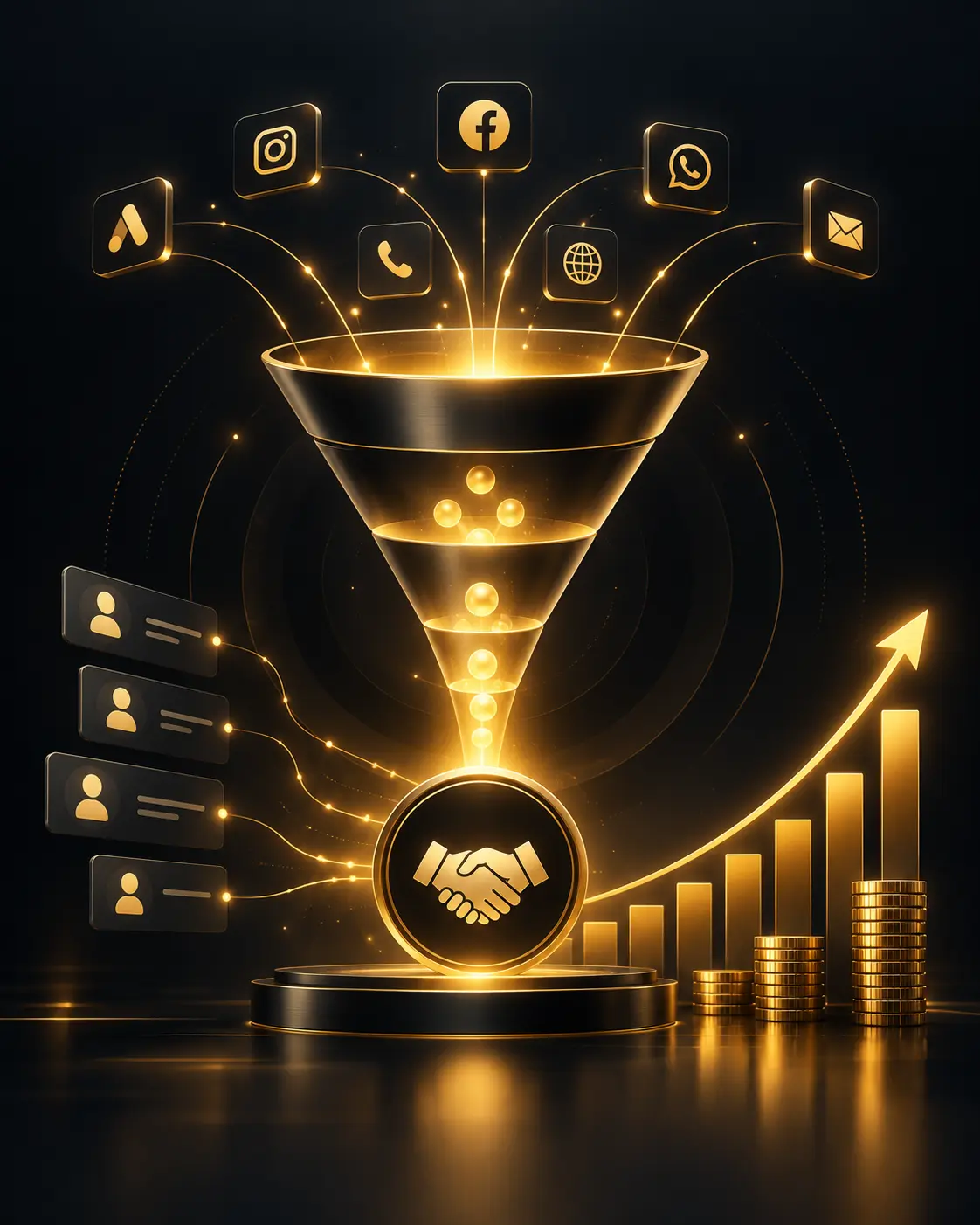 Ads, social and outreach channels flow into a funnel that ends in a handshake — the team runs the funnel, you close the conversation